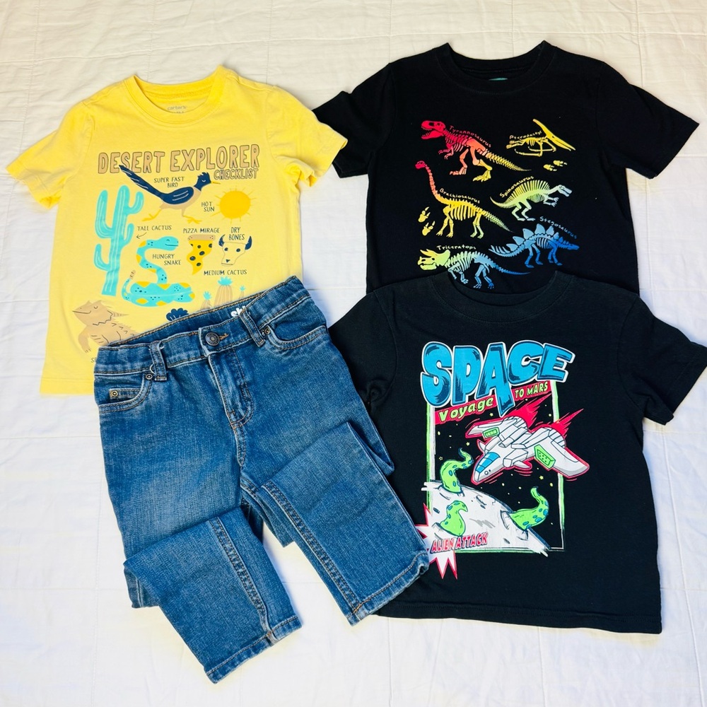 Boys Toddler Kids Denim Jeans & 3 Shirt Bundle Lot Dinosaur Space Explorer Tops